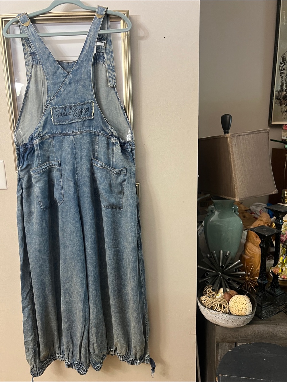 NWT Jaded Gypsy slouchy harem distressed denim RISE ABOVE overalls Sup to L